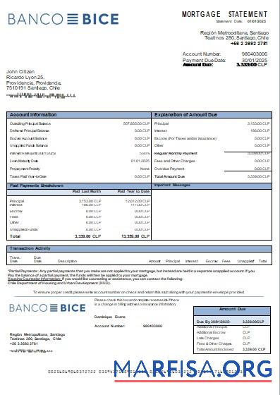 Printable Chile Banco Bice bank mortgage statement scr real example